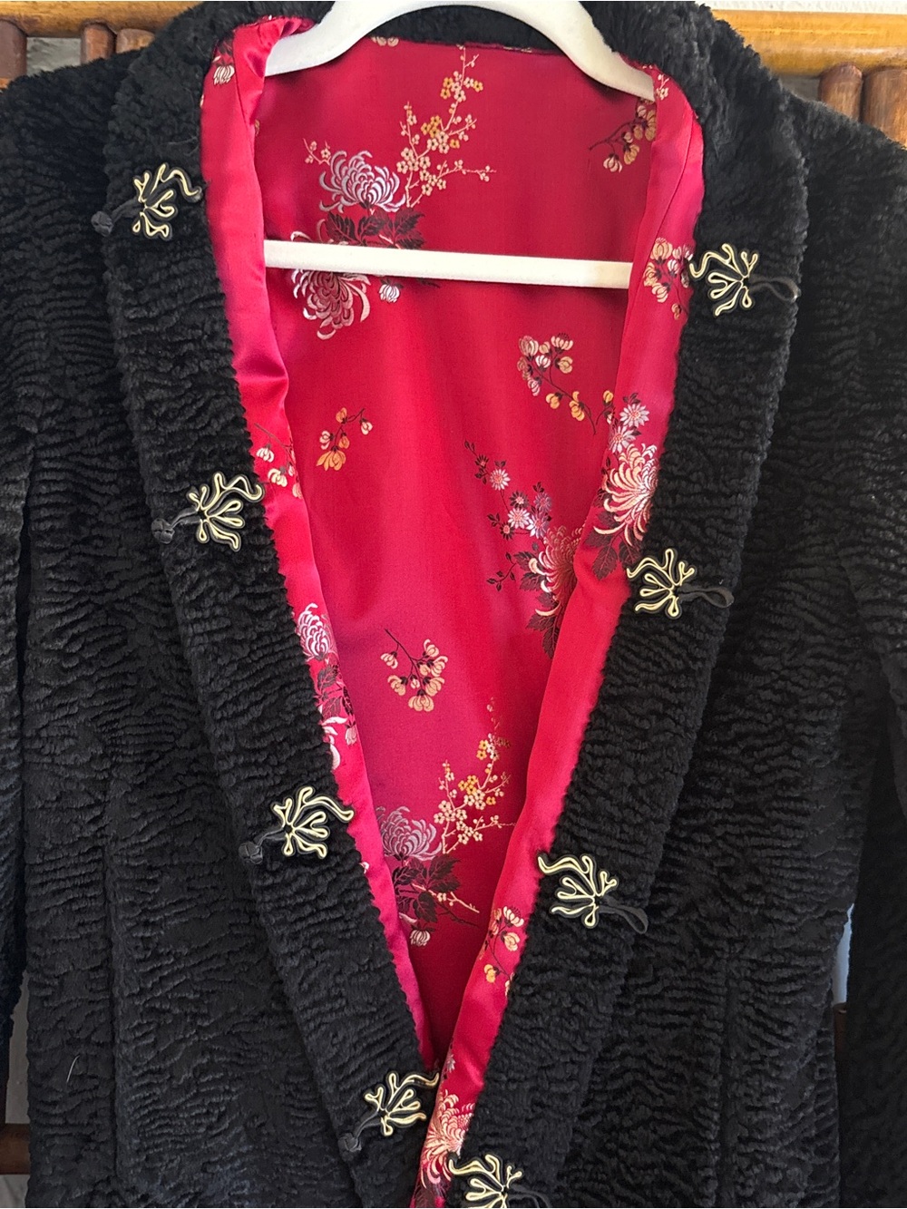 Vintage Lambs wool fur and Chinese asain silk reversible kimono style jacket